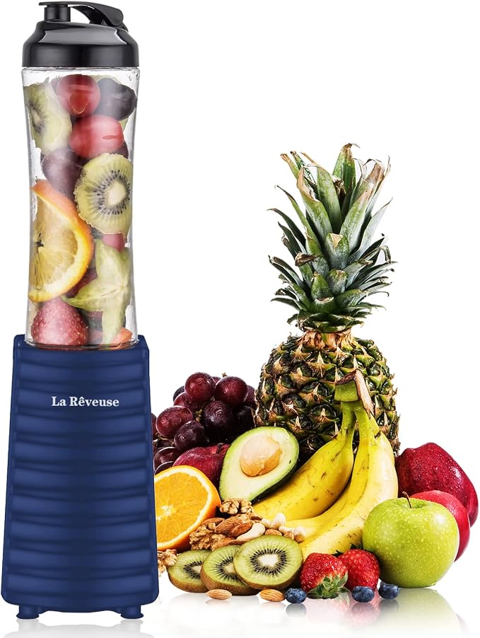 La Reveuse Personal Size Blender for Protein Shakes and Smoothies, Navy | 18oz BPA-free Portable Bottle with Spout Lid, Push to Blend, Suitable for Home, Apartment, Office, Dorm, 300 Watts, LARB1801N