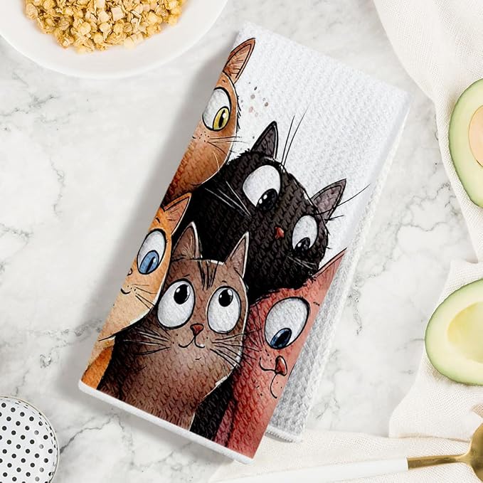 Jztco 2 Pcs Cute Cat Kitchen Towels, Cats Gifts Soft Absorbent Hand Towels | Cat Lover Gifts for Women Mom Dish Cloths for Drying Dishes, Waffle Dish Towels for Kitchen Home Bathroom Decor