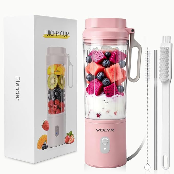 VOLYN Mini Electric Blender Smoothie Maker with Straw & Cleaning Brush | Mini Personal Blender for Fruit Drinks, Smoothies & Milkshakes, Compact Space-Saving Design for Kitchen and Office, Pink