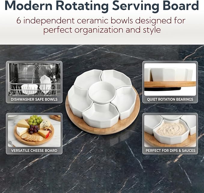 SOUJOY 11'' Lazy Susan Serving Tray, Porcelain 360° Rotatable Serving Tray and Platters, Removable Divided Serving Dishes, Party Relish Bowl for Chip, Dip, Veggies, Candy and Snack, Cheese, 7 Pieces