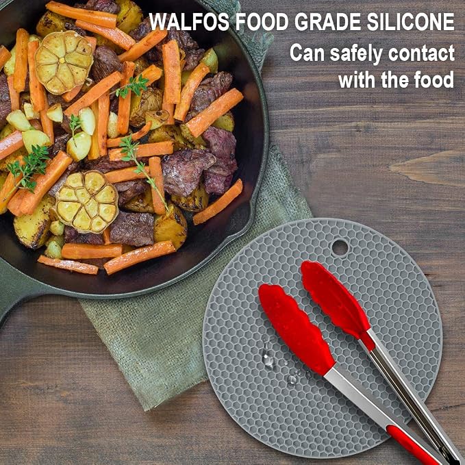 Silicone Trivet Mats - Walfos Heat Resistant Pot Holders Set, 4pcs 2 Sizes 7 Inch & 9 Inch, Multipurpose Non-Slip Hot Pads for Hot Pot, Hot Dishers, Jar Opener, Food Grade & BPA Free (Nordic Grey)