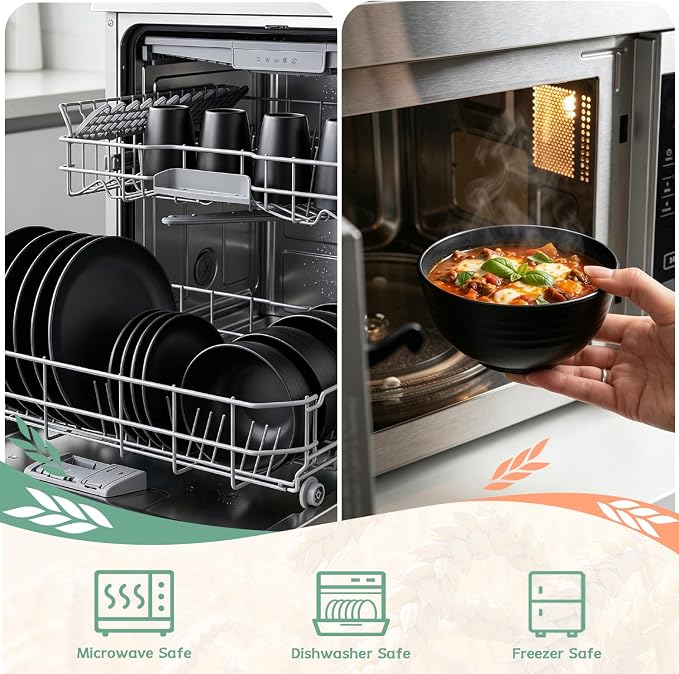 PYRMONT 40 PCS Plates and Bowls Set Wheat Straw Plate Bowl Set Unbreakable Dishes Set for 8 Dishwasher & Microwave Safe Dinner Sets for Kitchen,New House,Dorm-Black