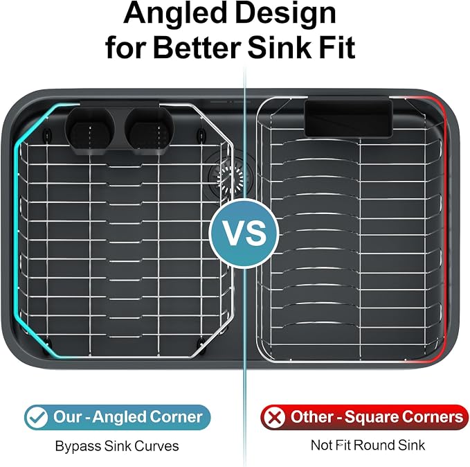 Small in Sink Dish Drying Rack - Stainless Steel for RV Kitchen | Compact Design for Apartments, Angled Corners Fit Square & Round Sinks, Utensil Holder, Cup Hooks, 1-2 Person, 11.6" x 13.4"