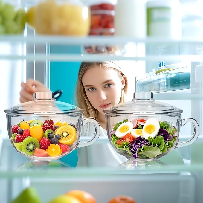 Clear Soup Bowls with Handle and Glass Lid Microwave Round Bowls Glass Cereal Cup Mug Mixing Bowl Insulated Oatmeal Bowl for Breakfast Rice Salad Fruit Yogurt,1 Pack