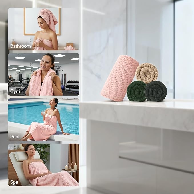 REDKISS Soft Bath Towels Set of 4-35 x 70 in Extra Large Coral Fleece Bath Towel, Highly Absorbent Plush Bathroom Towels for Adult, Quick Dry Towel Set for Spa, Gym, Travel, Pink, Camel, Olive, Gray