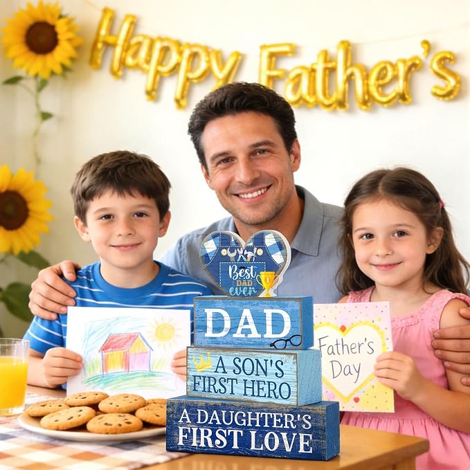 Lineshading 4 Pcs Dad Block Signs Wooden Farmhouse Decor, Father's Day | Tiered Tray Decorations for Home Table, Son's Hero Daughter's Love Quotes, Stacked Wooden Blocks, Rustic Gift for Dad