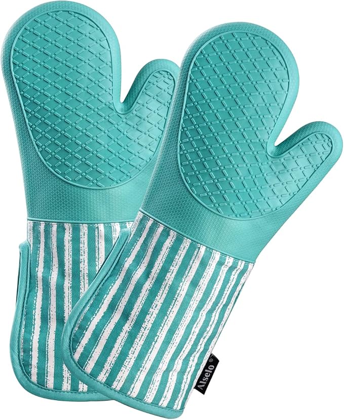 Alselo Silicone Oven Mitts Heat Resistant 932℉ with Waterproof & Non-Slip | Kitchen Mittens Set of 2,Extra Long 7.5"x15" Oven Gloves with Soft Cotton Terry Lining for Baking Cooking BBQ(Green,2)