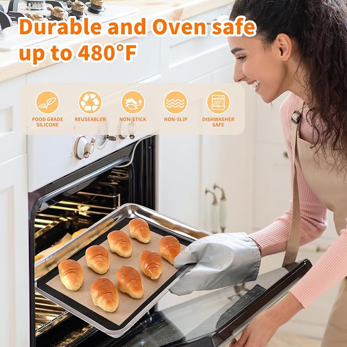 Luckyiren 2 Pack Silicone Baking Mat Set, Nonstick Half Sheet, Orange/Beige | Two 16.54 x 11.62 in reusable nonstick silicone baking mats fit half sheet pans; cookie sheet liners for cookies and pastry.