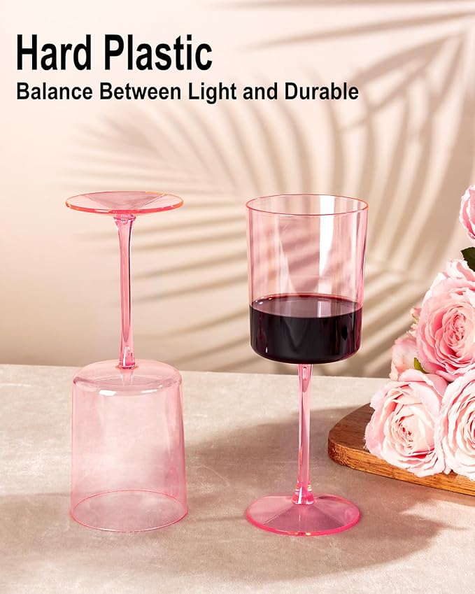 Ciaell 12 Pack Pink Plastic Wine Glasses for Weddings Outdoor Gatherings | 10 oz Pink Stemmed Cups, Heavy Duty Plastic, Wine Champagne Cocktails Mimosas for Parties Birthdays Bars