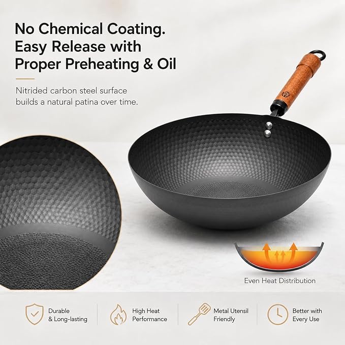 WANGYUANJI Carbon Steel Wok Pan with Lid, 12.6 Inch Flat Bottom Wok for Induction, Gas & Electric Stoves, Chinese Stir Fry Pan with Detachable Wooden Handle