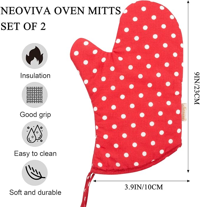 NEOVIVA Kitchen Oven Mitts for Kids,Heat Resistant Cotton Oven Gloves | Set of 2,for Cooking,Baking,Play Kitchen,Farmhouse Restaurant,Polka Dot Red