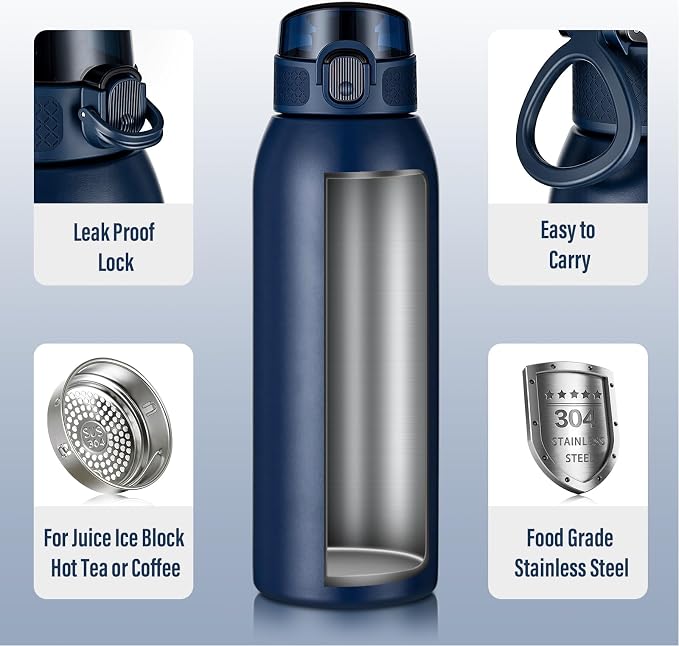 Insulated Water Bottle 24 oz with Dustproof Lid, Carry Handle & Tea Infuser, BPA-Free & Leakproof, Stainless Steel Water Bottles Ideal for Fitness, Hiking, Office & Outdoor Use (Dark Blue)