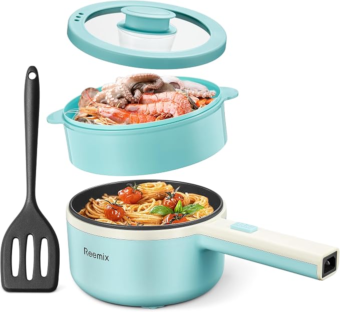 Hot Pot Electric With Steamer, 1.6L Ramen Cooker Non-Stick Sauté Pan | for Steak, Egg, Fried Rice, Ramen, Oatmeal, Soup, Portable Personal Perfect Suit Dorm Room and Apartment (Aqua)