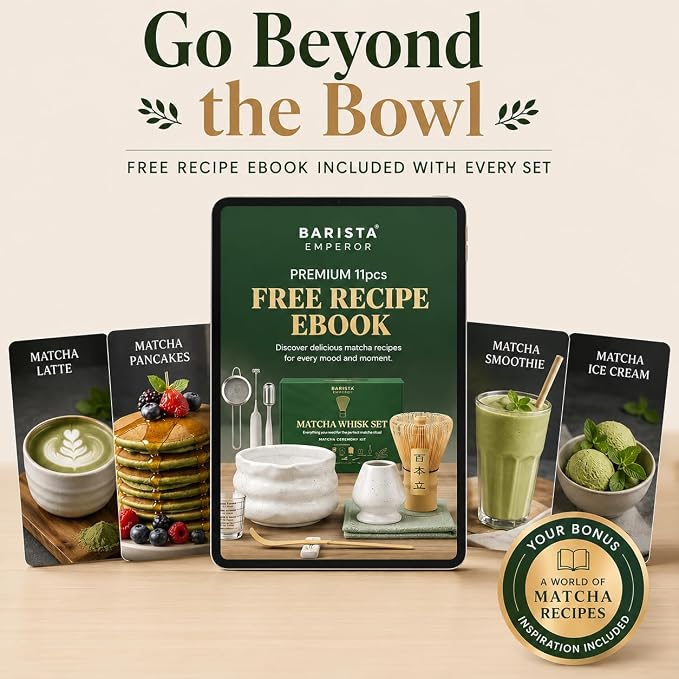 BARISTA EMPEROR® MATCHA WHISK SET PREMIUM 11pcs - Professional Matcha Kit Set with Matcha Bowl, Matcha Whisk, Milk Frother, Spoon, Sifter, Scoop, Stand, Cup, Tea Mat, Cloth - Matcha Bowl Set