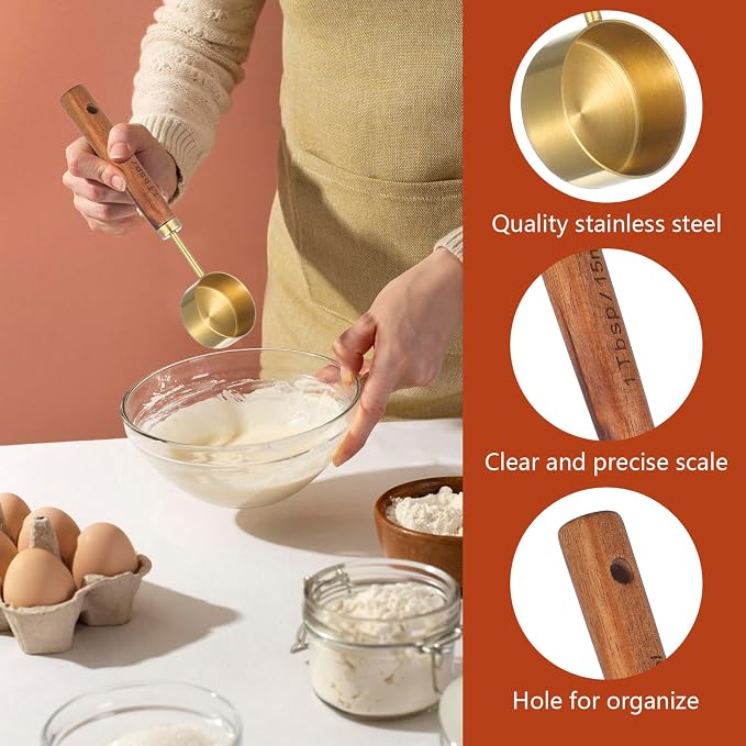 Tyqour 2 PCS 1 Teaspoon Scoop Coffee Measuring Scoop Stainless Steel & Wood 1Tablespoon Measuring Spoon Perfect for Coffee, Tea and More