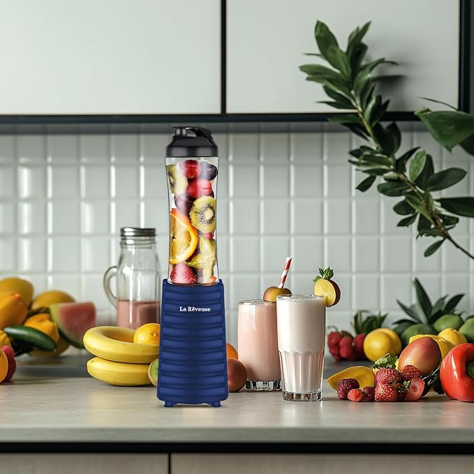 La Reveuse Personal Size Blender for Protein Shakes and Smoothies, Navy | 18oz BPA-free Portable Bottle with Spout Lid, Push to Blend, Suitable for Home, Apartment, Office, Dorm, 300 Watts, LARB1801N