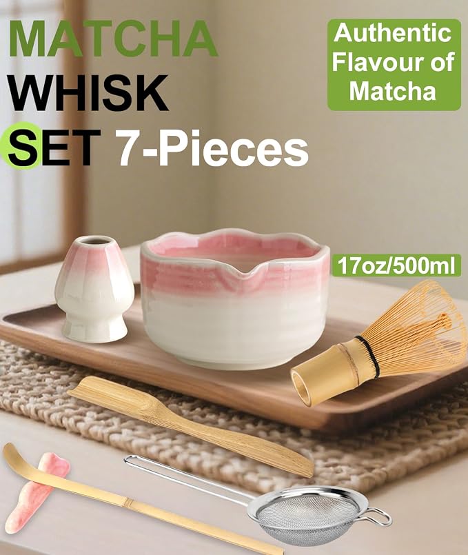 JBER Matcha Whisk Set, Ceramic Matcha Set Includes Bowl & Holder, Bamboo Whisk (Chasen), Sifter, Scoop, Spoon & Rest - 7PCS Matcha Kit Gift for Matcha Lovers & Beginners, Gradient Pink | Complete Matcha Kit Includes 17oz Bowl, Handmade Whisk 100 Prongs...