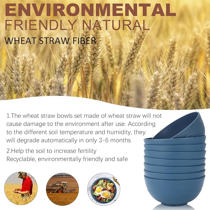 Soup Bowls, Cereal Bowl, Premium Wheat Straw Bowls Set of 8, Unbreakable Plastic Bowls Microwave Safe, Dishwasher Safe Serving Bowl for Kitchen, Breakfast, Dinner, Salad, Poke (Blue, 26 OZ)