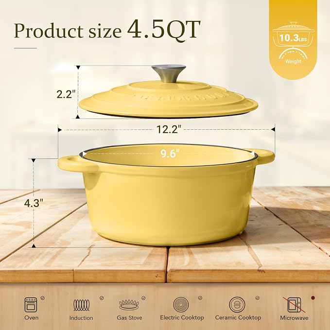 Overmont Enameled Cast Iron Dutch Oven - 4.5QT Pot with Lid Cookbook & Cotton Potholders - Heavy-Duty Cookware for Braising, Stews, Roasting, Bread Baking GooseYellow