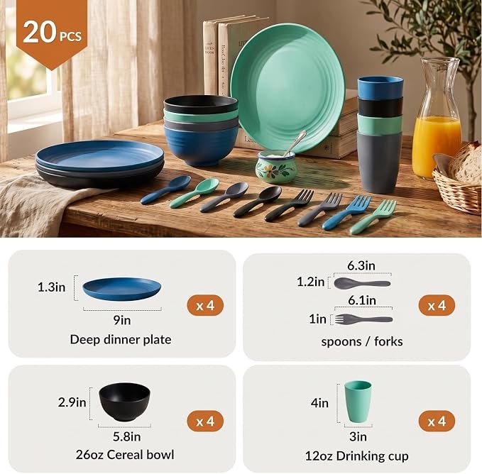 Unbreakable Plates and Bowls Sets 20 PCS Wheat Straw Dinnerware Sets Microwave & Dishwasher Safe Plate Set Kids Plastic Plates Camping Dish Set, Salad, Hamburger, Pizza-Nightscape