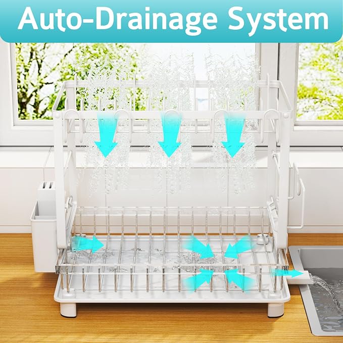2-Tier Dish Drying Rack for Kitchen Counter, Space-Saving, White | Rustproof Carbon Steel, Auto Drain Spout, Space-Saving Dish Rack with Drainboard, Utensil & Cup Holders, Countertop Organizer