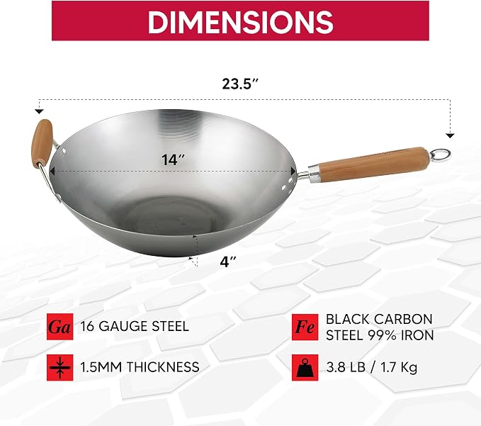 Helen's Asian Kitchen Carbon Steel Wok, 14-Inch, Flat Bottom Stir Fry Pan