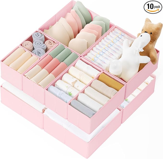 Drawer Organizer Clothes, 10 Pack Dresser Organizer for Baby Clothes, Underwear, Sock- Foldable Closet Organization and Storage Dividers Bins for Nursery, Bedroom (Pink)
