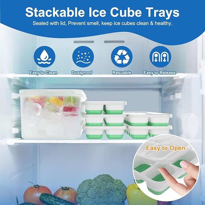 Ice Cube Trays with Lids for Freezer, 5 Pack Silicone Set, 70 Cubes | Easy-release silicone, stackable removable lids, BPA-free & dishwasher safe; for coffee, whiskey,cocktails, juice & baby food