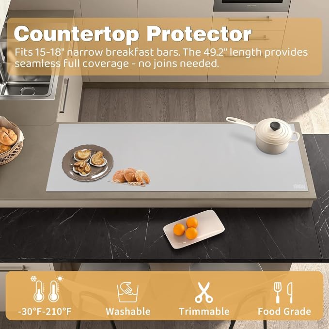 49.2" x 15.7" Large Silicone Mat for Kitchen Counter Protector, Cuttable | Silicon Countertop Protector Mat Heat Resistant Mats for Countertop, Cut to Fit Placemat Ship Roll by Foepoge, Gray