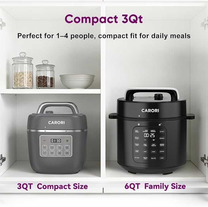 Carori 8-in-1 Electric Pressure Cooker, Compact 3 QT All-in-1 Multi-Cooker with Ceramic Pot, Saute, Slow Cook, Rice, Stew, Delay Start, Keep Warm & Safe Vent, Gray