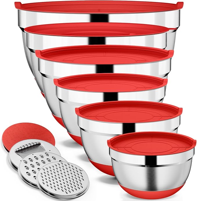 9 Pack Mixing Bowls with Airtight Lids & Grater Attachments, Red | Stainless Steel Bowl, Non-slip Bases, Nesting Kitchen Bowl, Size 5, 4, 3, 2, 1.5,1QT,for Food Prep, Baking, Storage & Serving