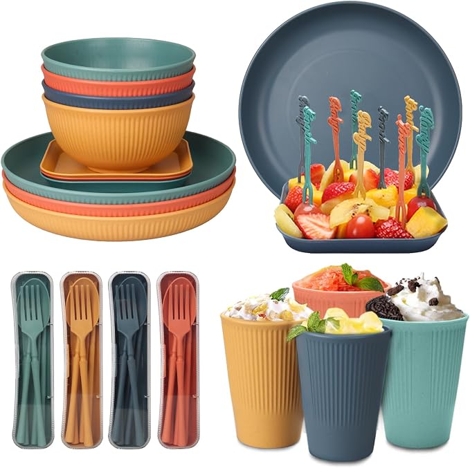 48 Pcs Dinnerware Sets, Unbreakable Plates and Bowls Sets, Reusable Dinnerware Sets for 4 People, Travel Camping Picnic Home Party Cutlery Set, Dishwasher Microwave Safe Dishes
