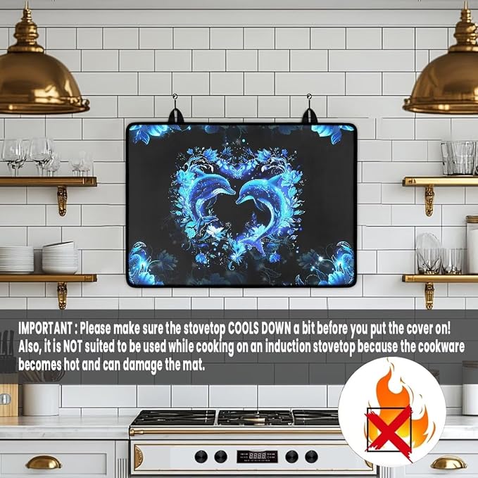 Dolphin Heart Stove Cover 30"x21" Heat Resistant Multi-Functional Counter Protector Non-slip Waterproof Mat for Glass Stovetop Protector Easy to Clean