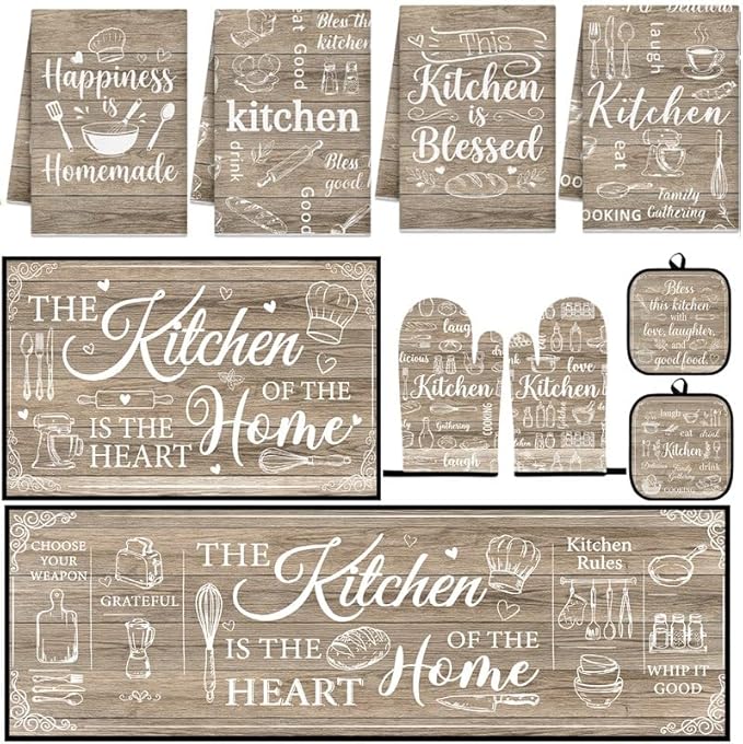 10 Pcs Kitchen Decor and Accessories Set, Farmhouse Brown | Rustic Wood Baking 4 Dish Towels Kitchen Rugs 2 Oven Mitts 2 Pot Holders, Home Decor for Cooking Baking BBQ Housewarming