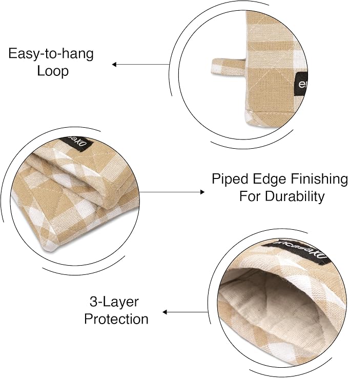 Encasa XO Oven Mitts, Heat Resistant Kitchen Gloves, Microwave | Franca Beige Checks, 100% Cotton | Diamond Quilted Insulation | Pot Holders | Hanging Loop | Barbecue & Grill | Set of 2