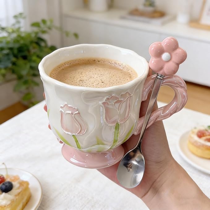 Ceramic Coffee MugEspresso Cup 14oz Pink Cute Flower withSpoon | novelty coffee mug，Glazed Ceramic Smooth Glossy Surface Lead ，Comes with Matching Spoon ，cute mugs for women