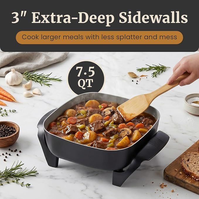 Elite Gourmet EG2313 PFAS-Free Ceramic Electric Skillet, 1200W, Black | Extra-Deep 12"x12"x3" Surface, Less-Splatter Design, Dishwasher Safe, Rapid Heat-Up, Non-Stick