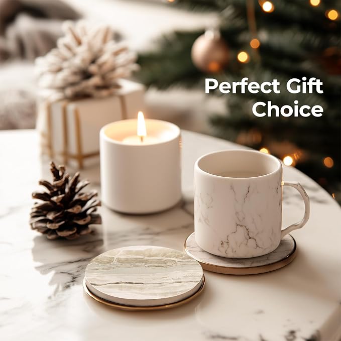 LIFVER Absorbent Coaster Sets of 4, Drink Coasters with Holder, Marble Style Ceramic Drink Coaster for Tabletop Protection, Suitable for Kinds of Cups, Wooden Table, Cool Home Decor, 4 Inches