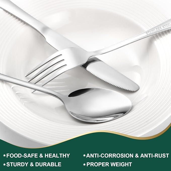 24-Piece Silver Silverware Set with Steak Knives Black Stainless Steel Flatware Set for 4 Food Grade Tableware Cutlery Set Rust-proof, Mirror Polished, Dishwasher Safe