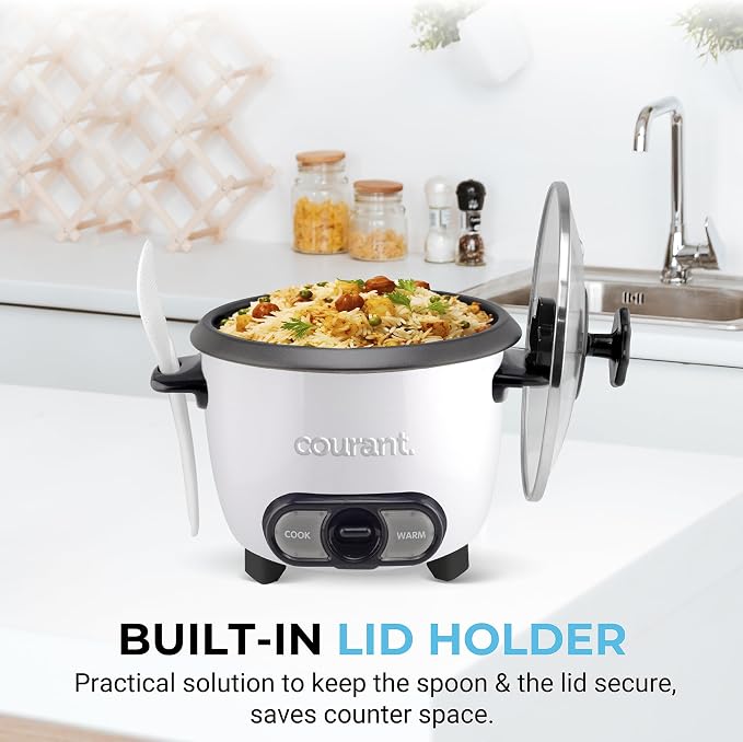 Courant Rice Cooker 8-Cup (Cooked), Removable Non-Stick Bowl, One Touch Rice Cooker, White
