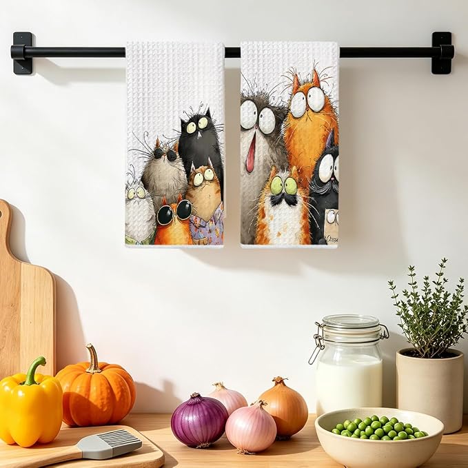 2 Pcs Cute Cat Kitchen Towels, Funny Cats Gifts Absorbent Hand Towels-07 | Cat Dish Cloths for Drying Dishes, Cats Waffle Dish Towels for Kitchen Home Bathroom Decor, Cat Lover Gifts for Women Mom