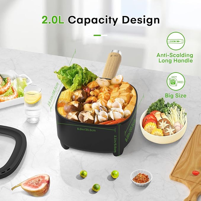 Audecook 2L Hot Pot Electric, Non-Stick electric pot, Portable Pot lazy | Dual Power Control Electric Pot For Cooking Steak, Egg, Ramen, Oatmeal & Soup | Portable Pot for Dorm, RV, Travel & Camping