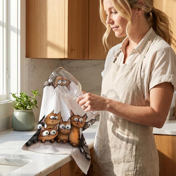 Jztco 4 Pcs Cute Cat Kitchen Towels, Cats Absorbent Hand Tea Towel | Cats Dish Cloths for Drying Dishes, Waffle Dish Towels for Kitchen Home Bathroom Decor, Cat Lover Gifts for Women Mom