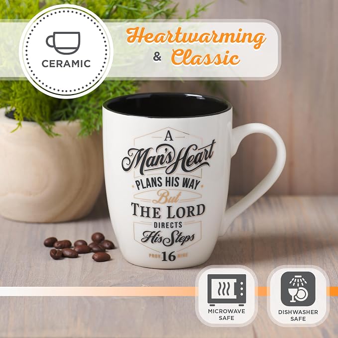 Christian Art Gifts Inspirational Ceramic Coffee & Tea Scripture Mug for Men: A Man's Heart Encouraging Bible Verse Proverb, Novelty Drinkware, Golden Foil Accents, White & Black, 12 oz.