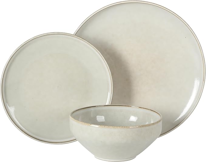 Gibson Elite White Sands Plates and Bowls Sets, 12-Piece Stoneware Dinnerware Sets, Reactive Glaze Dish Set - Moonstone White