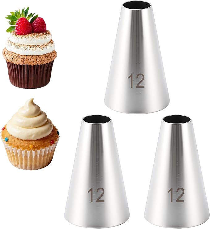 3 Pcs Round Piping Tip, #12 Stainless Steel Reusable Icing Nozzles | Professional Cake & Cookie Decorating Tips Set for Macarons, Cupcakes, Frosting and Baking Projects