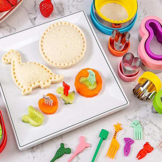 Nifogo Sandwich Cutter for Kids Lunch 22 Pcs (LARGE) | Sandwich Maker, Cookie Cutters and Sealer Set, Stainless Steel, Bread Decruster, Dinosaur Mickey Heart Shape for Boys Girls