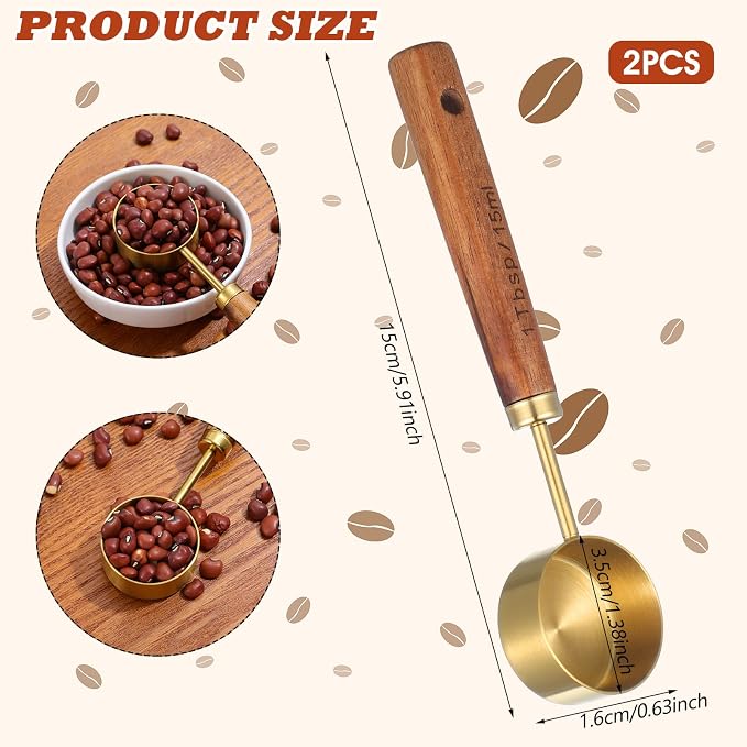 Tyqour 2 PCS 1 Teaspoon Scoop Coffee Measuring Scoop Stainless Steel & Wood 1Tablespoon Measuring Spoon Perfect for Coffee, Tea and More