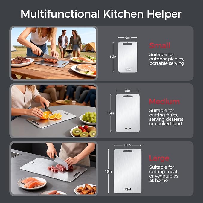 100% Pure Titanium Cutting Board Set of 3, Titanium Cutting Boards for Kitchen,Double-Sided Chopping Boards for Raw & Cooked Food, Non-Toxic, Handles Included, Dishwasher Safe(M+L+XL)