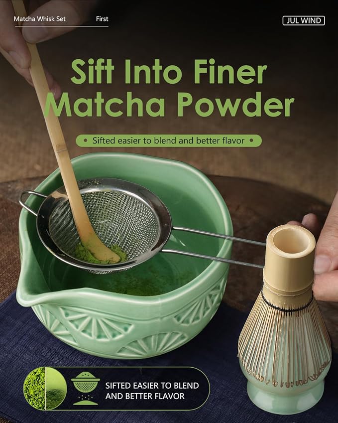 Matcha Whisk Set, Ceramic Matcha Set Includes Matcha Bowl and Matcha Whisk | Holder, Spout, Bamboo Scoop, Sifter and Tea Towel - 6 Pcs Matcha Kit Gift for Matcha Lovers Beginners